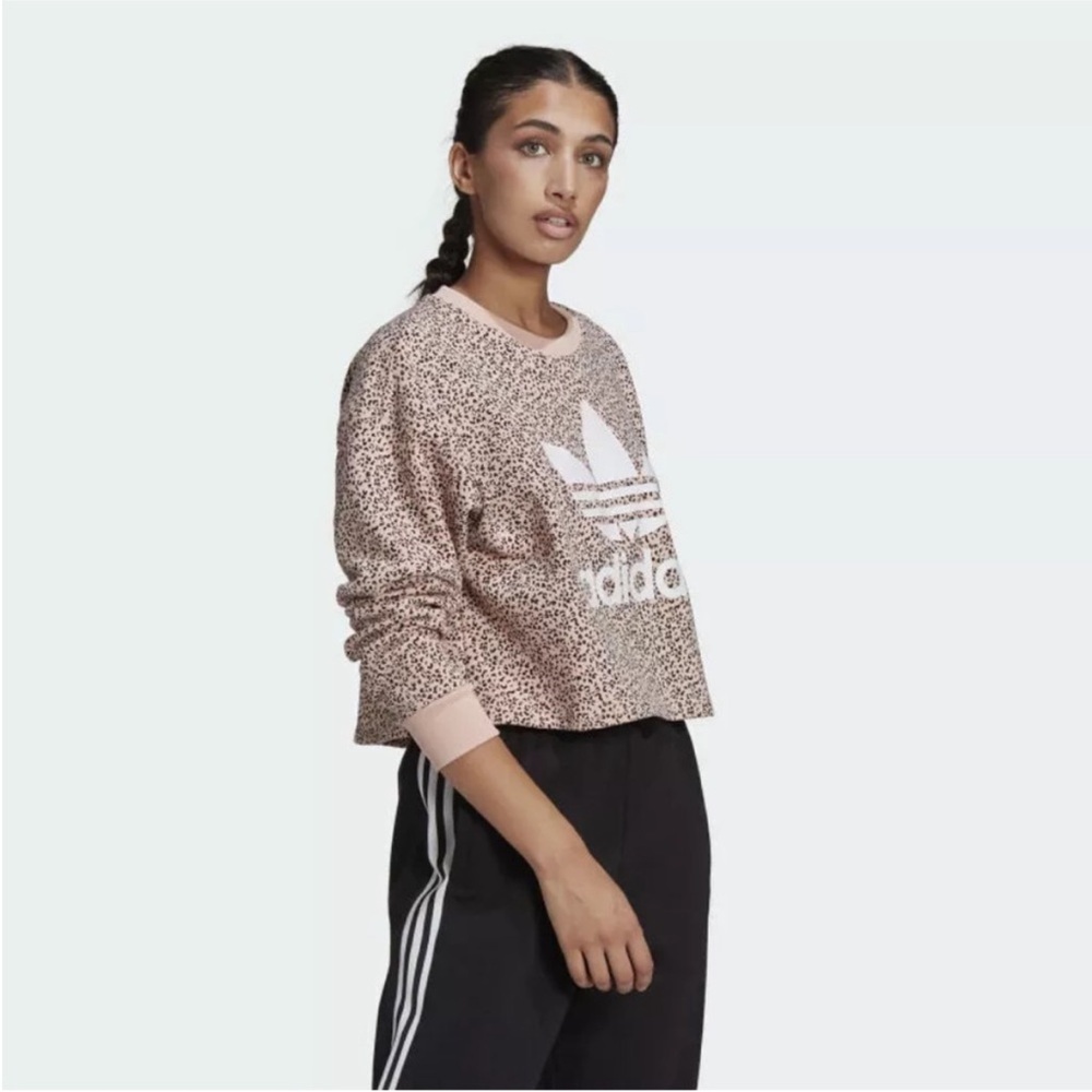 Women's cropped Adidas Her Limdon Studios Pink and Black Leopard Sweatshirt